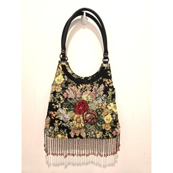 BOHO Floral Tapestry Beaded Handbag Faux Leather Handles Sequin Embellishments - Picture 1 of 15